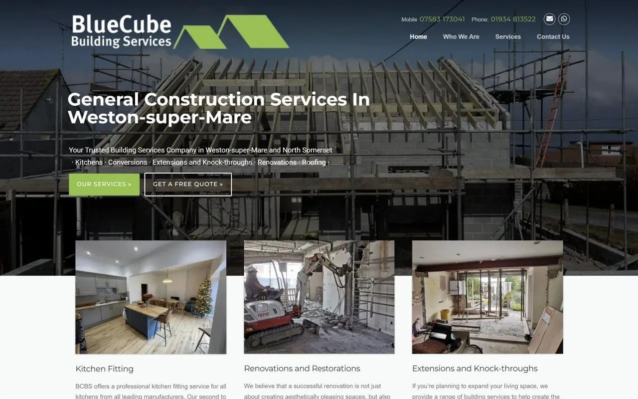 Homepage of the Blue Cube Building Services website