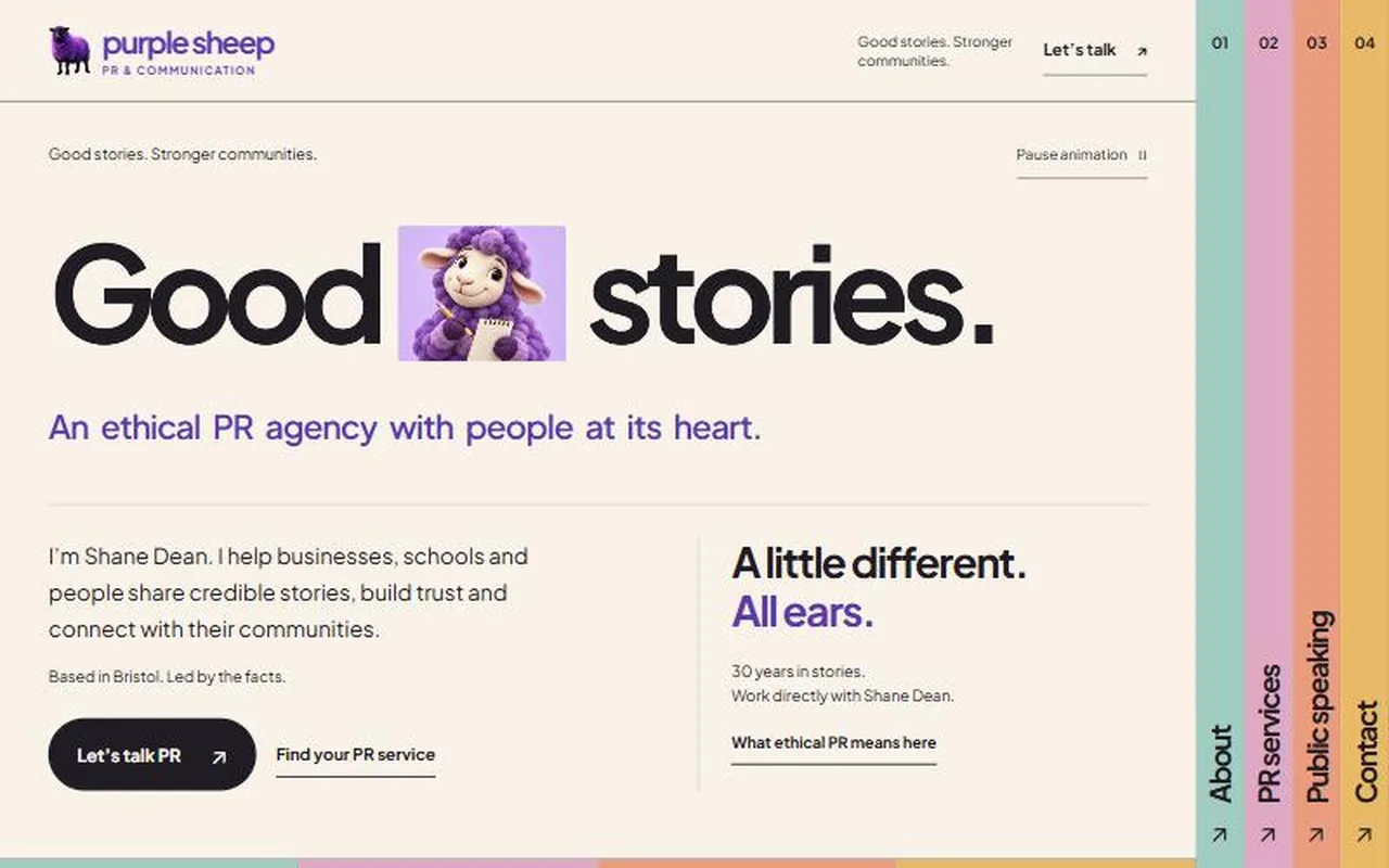 Homepage of the Purple Sheep PR website