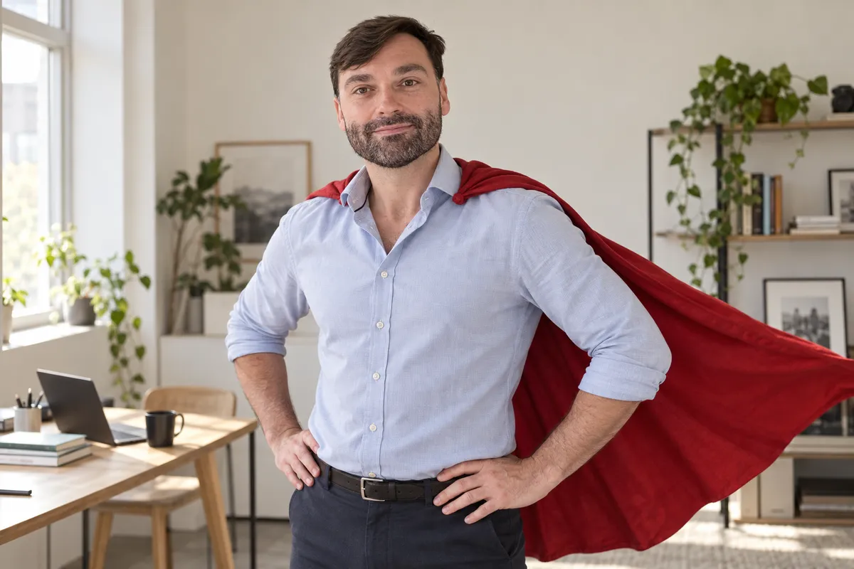 Jack Easterbrook, founder of JAE Digital, in his office wearing a red cape